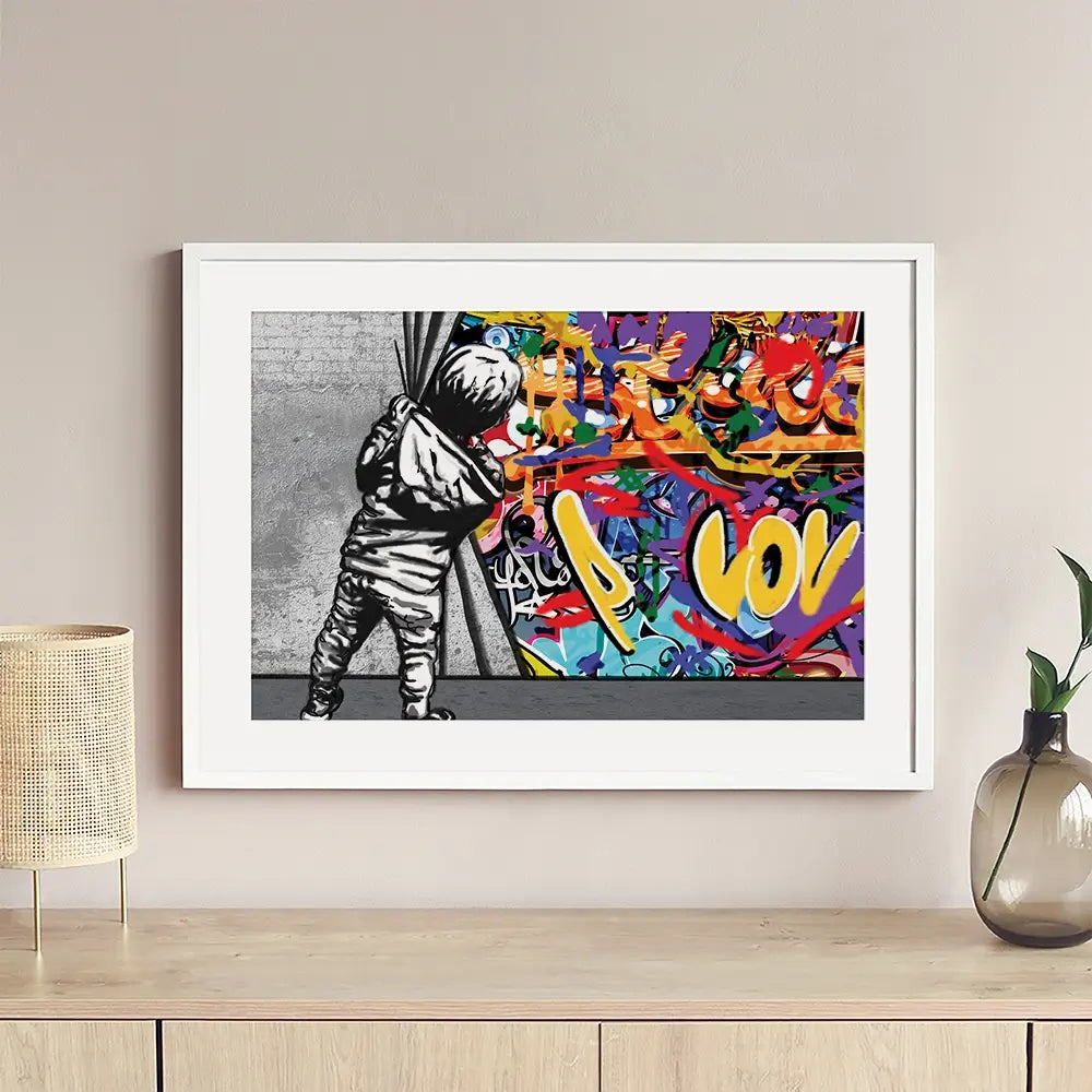 Boy Pulling Back The Curtain Framed Art Print