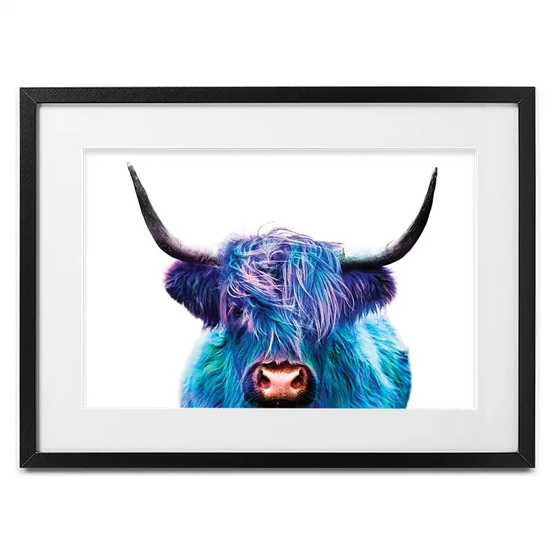 Colourful Blue Highland Cow Framed Art Print