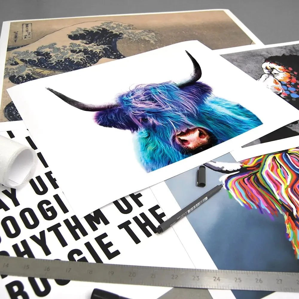 Colourful Blue Highland Cow Art Print