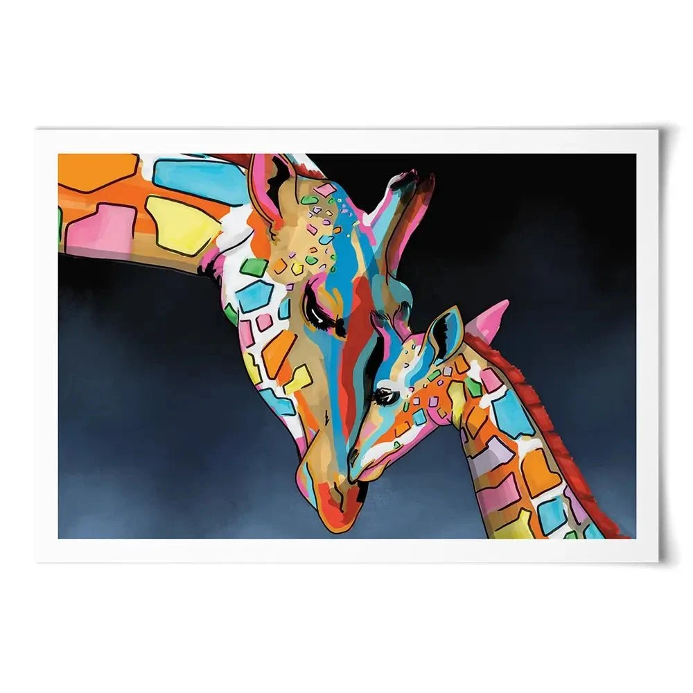 Multicoloured Giraffe And Calf Art Print