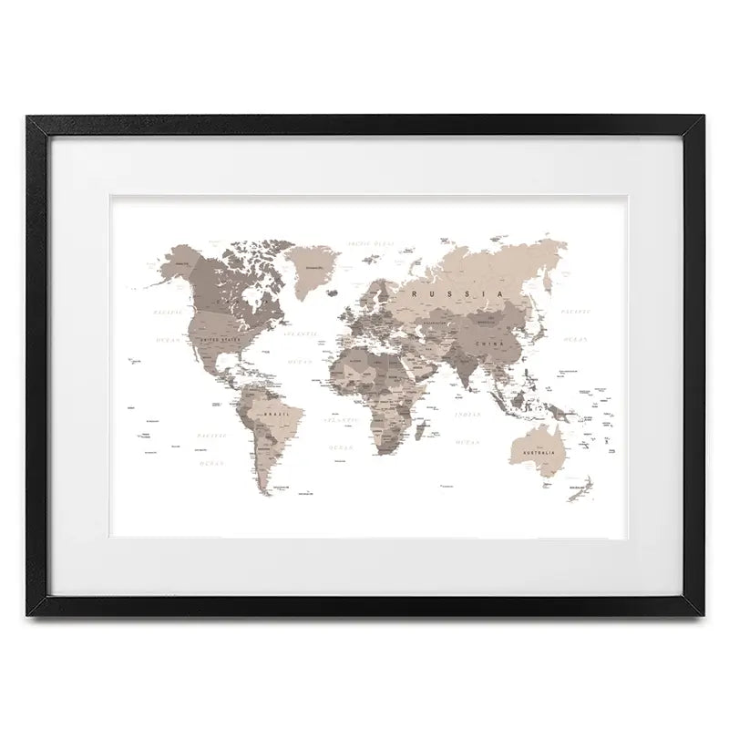 World Map Sepia Framed Art Print