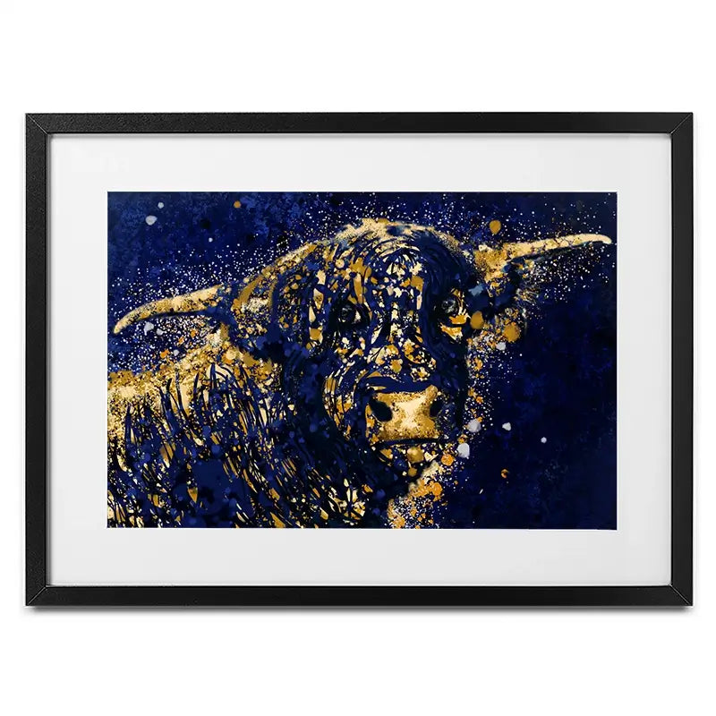 Highland Cow Navy Splash Framed Art Print