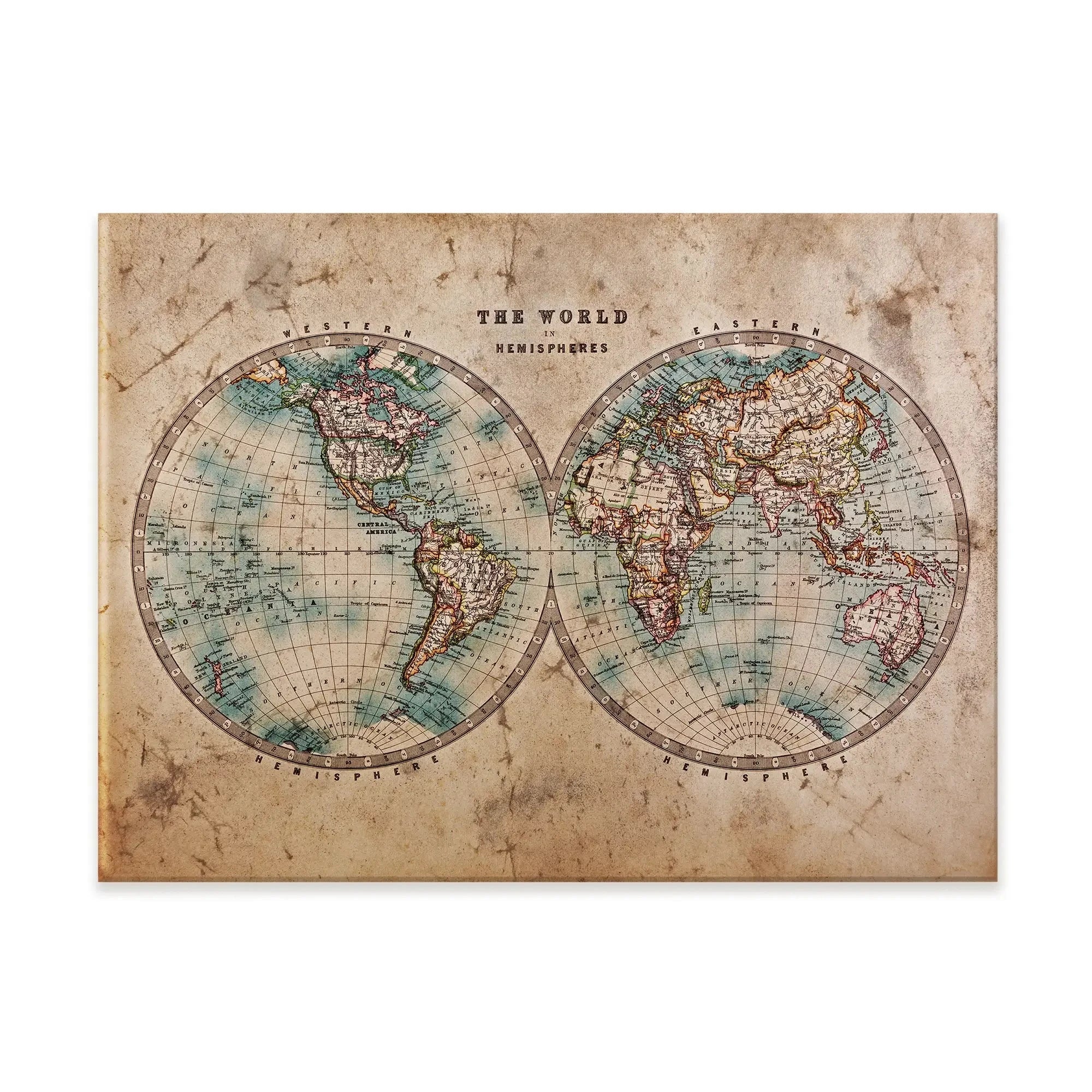 Vintage World Hemisphere Map In Colour Canvas Print