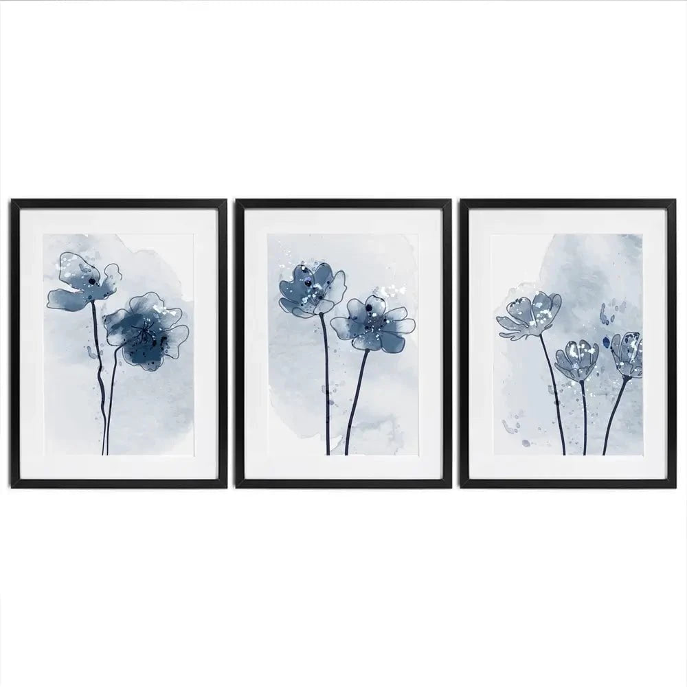 Pretty Blue Flowers Framed Art Print Trio