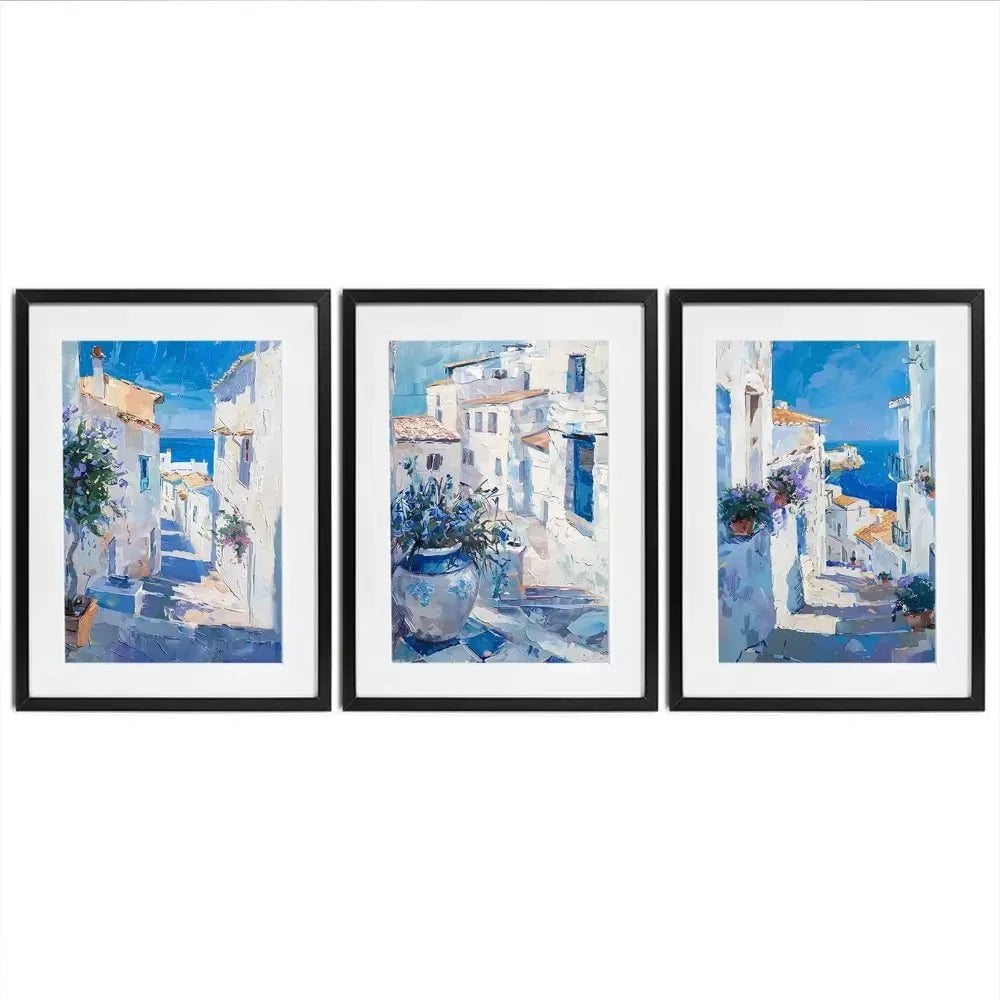 Blue Flowers In Mallorca Framed Art Print Trio