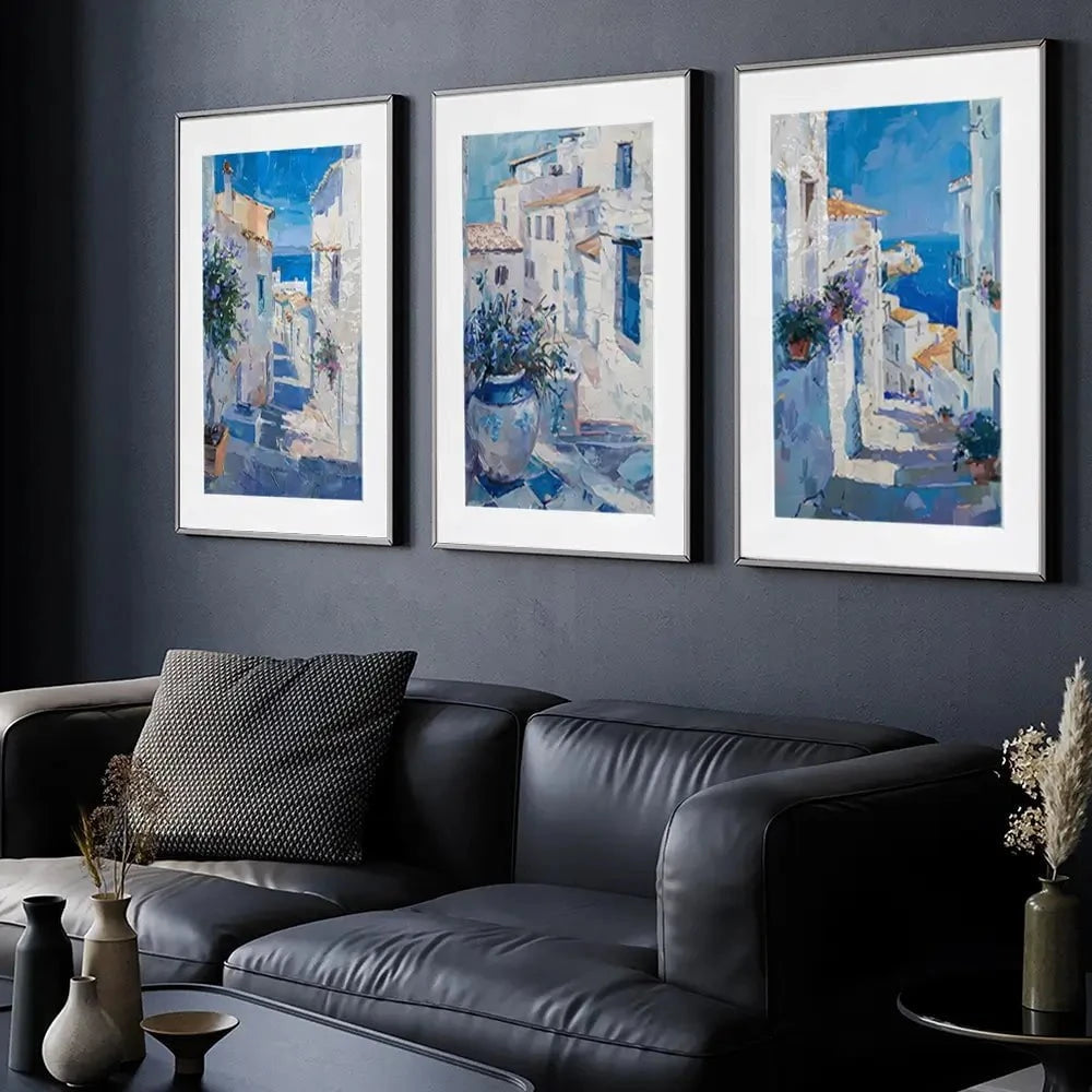 Blue Flowers In Mallorca Framed Art Print Trio