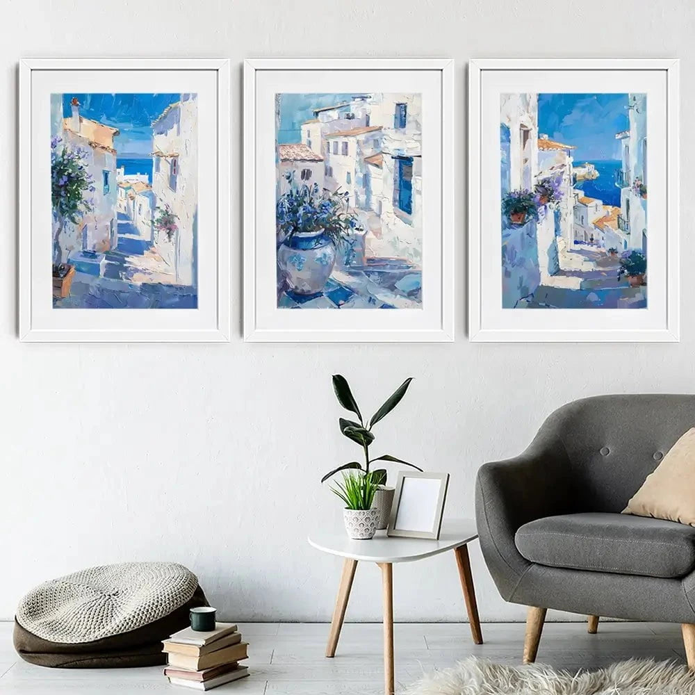 Blue Flowers In Mallorca Framed Art Print Trio