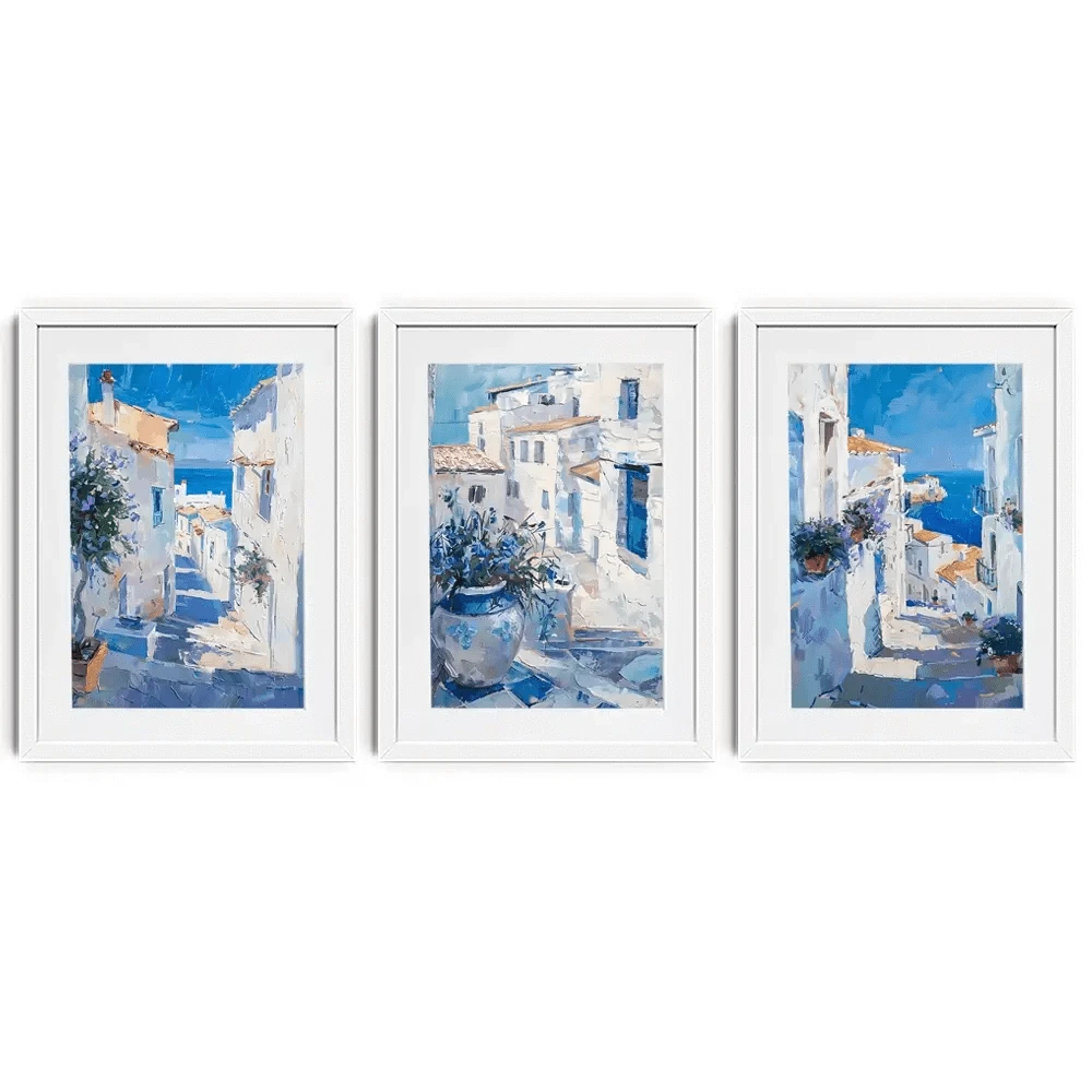 Blue Flowers In Mallorca Framed Art Print Trio