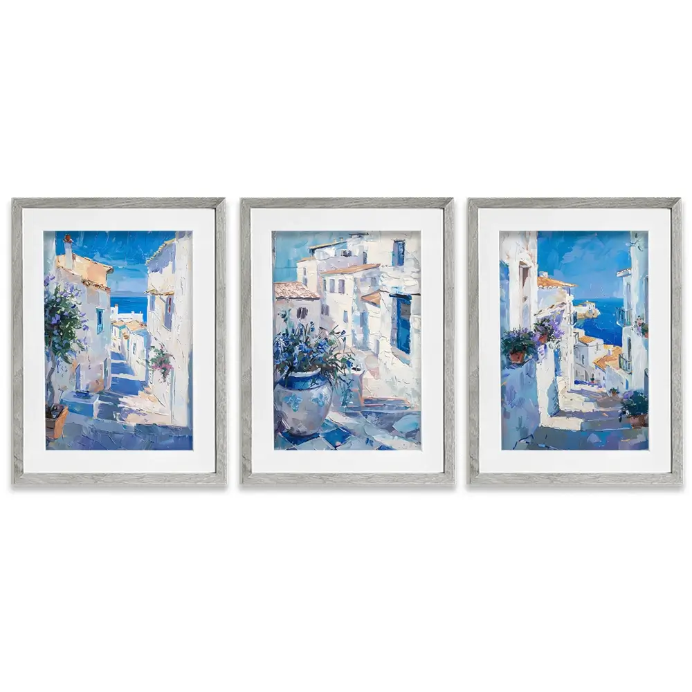 Blue Flowers In Mallorca Framed Art Print Trio