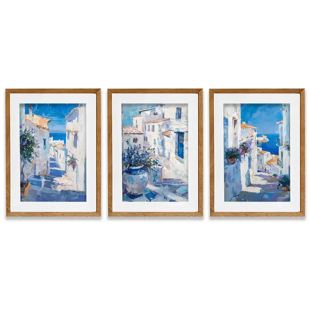 Blue Flowers In Mallorca Framed Art Print Trio