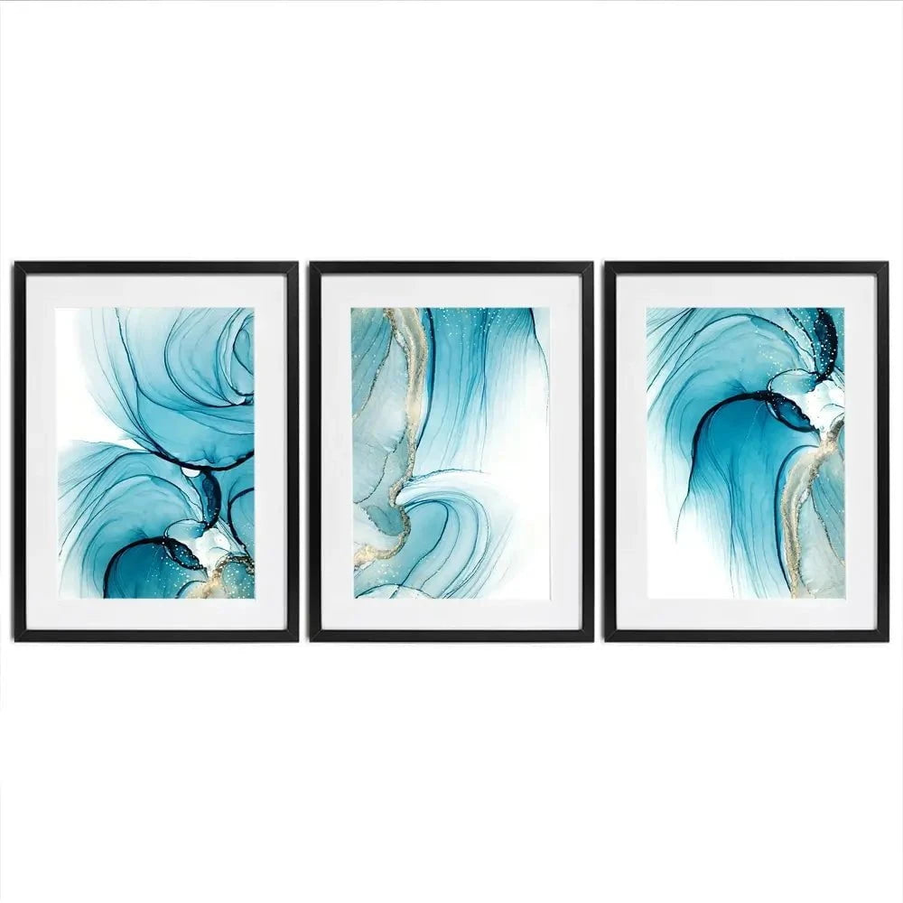 Blue Opulence Framed Art Print Trio