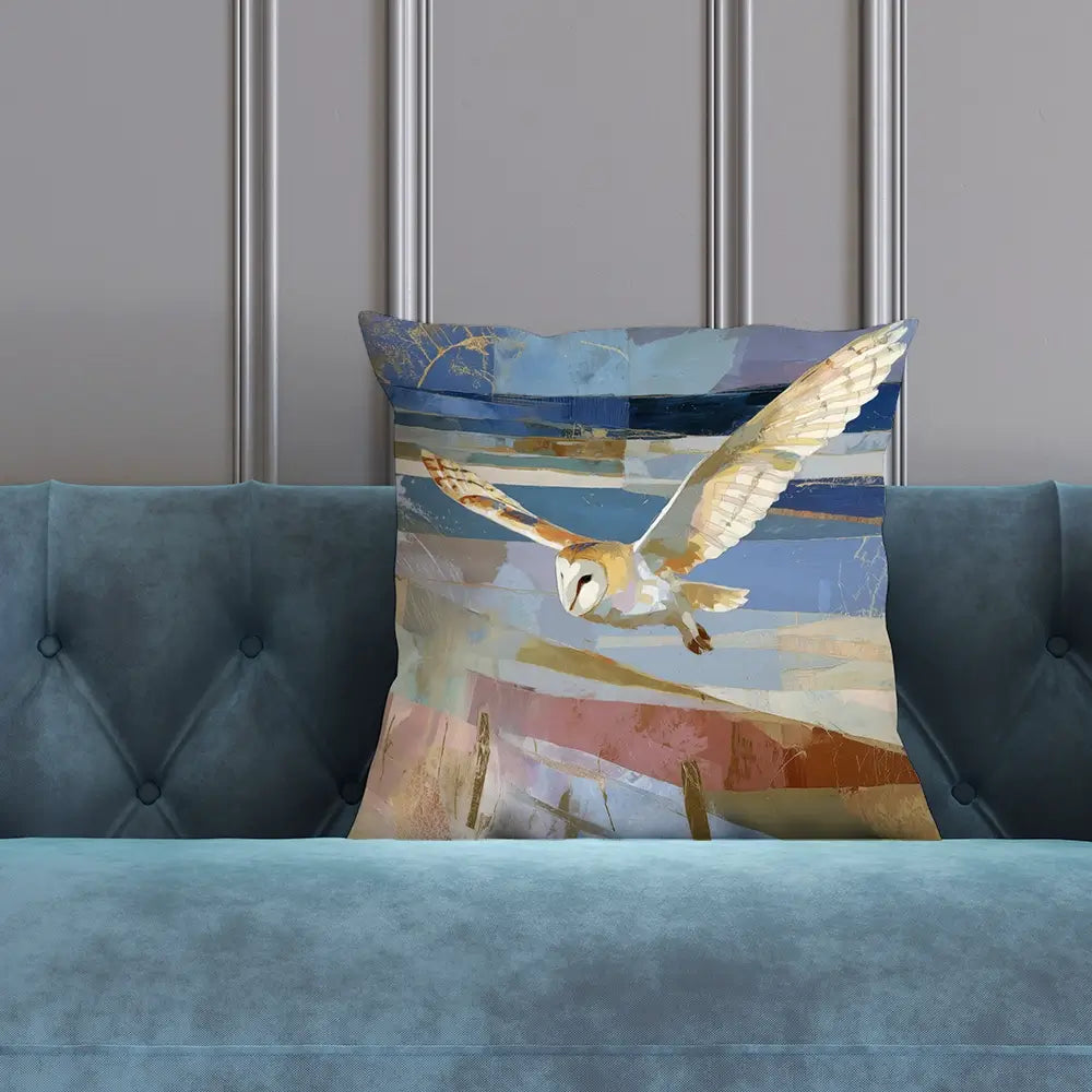 Barn Owl Gliding Over Countryside Cushion