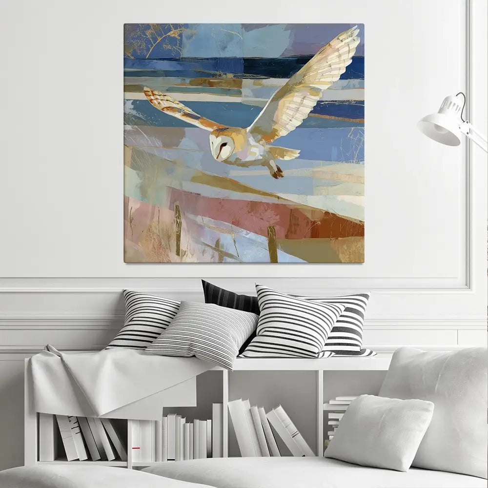 Barn Owl Gliding Over Countryside Square Canvas Print