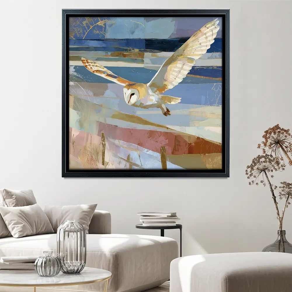 Barn Owl Gliding Over Countryside Square Canvas Print