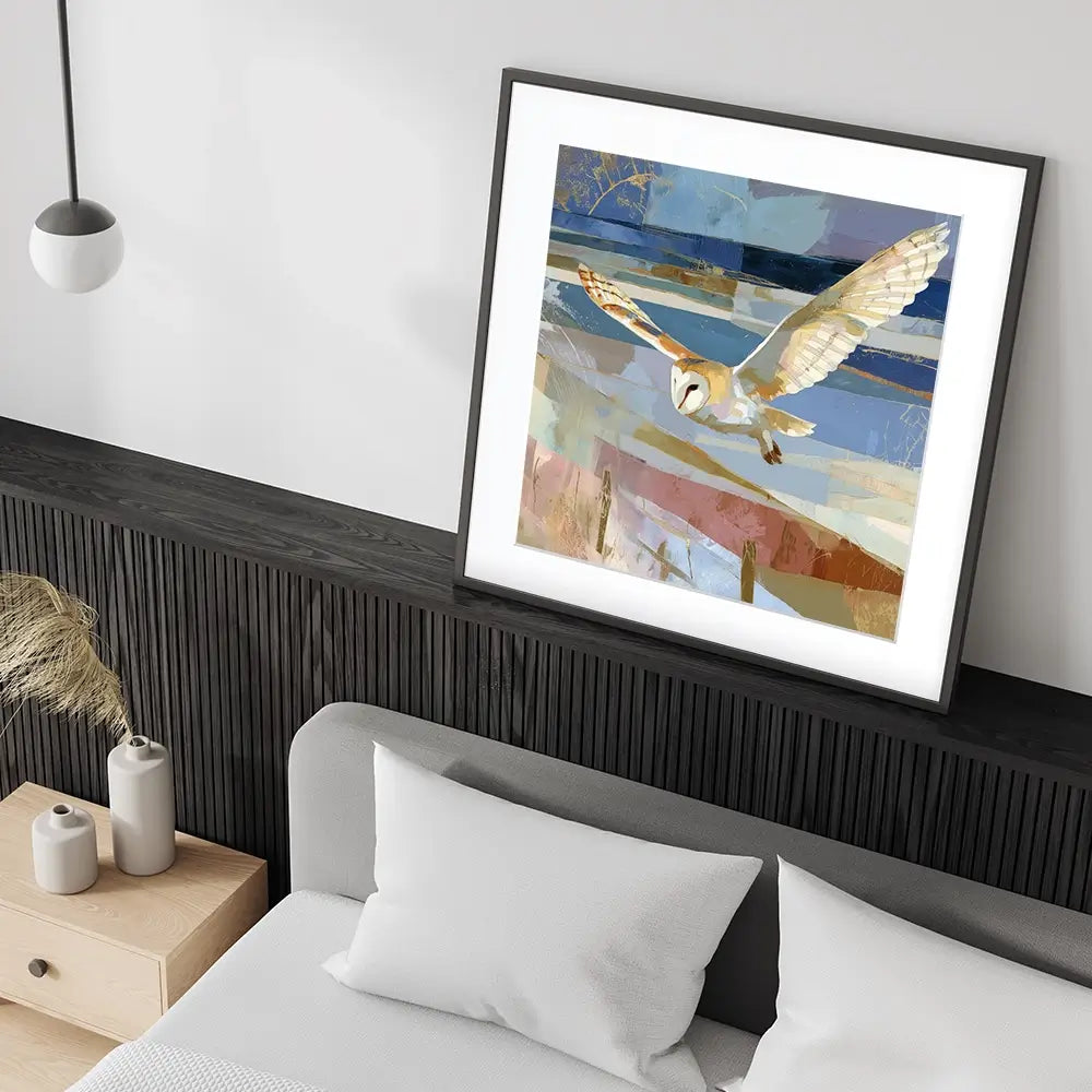 Barn Owl Gliding Over Countryside Square Framed Art Print
