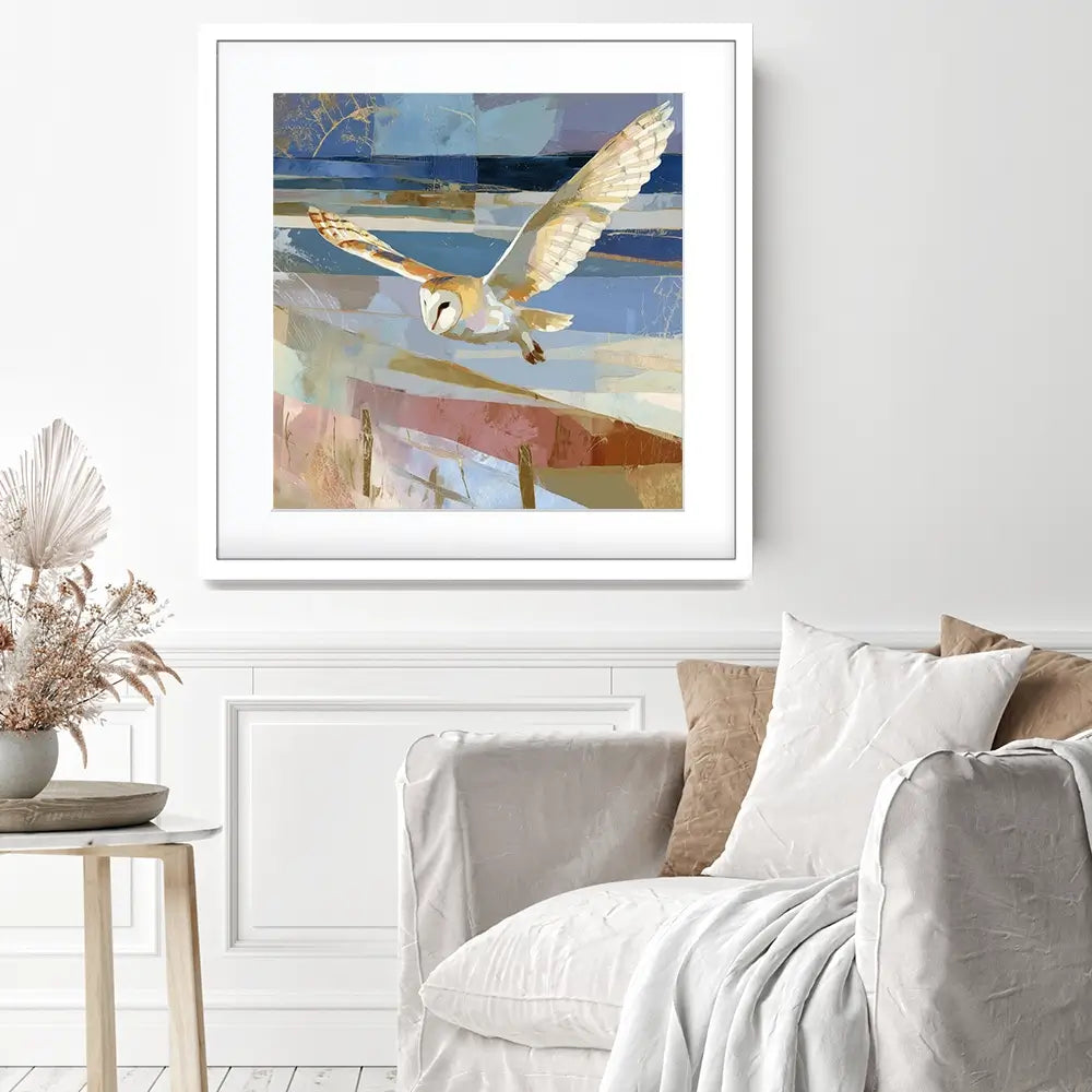 Barn Owl Gliding Over Countryside Square Framed Art Print