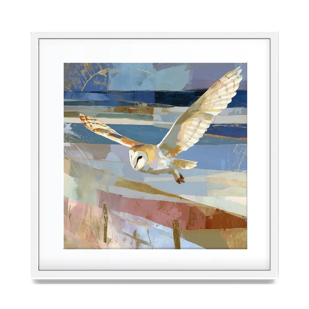 Barn Owl Gliding Over Countryside Square Framed Art Print
