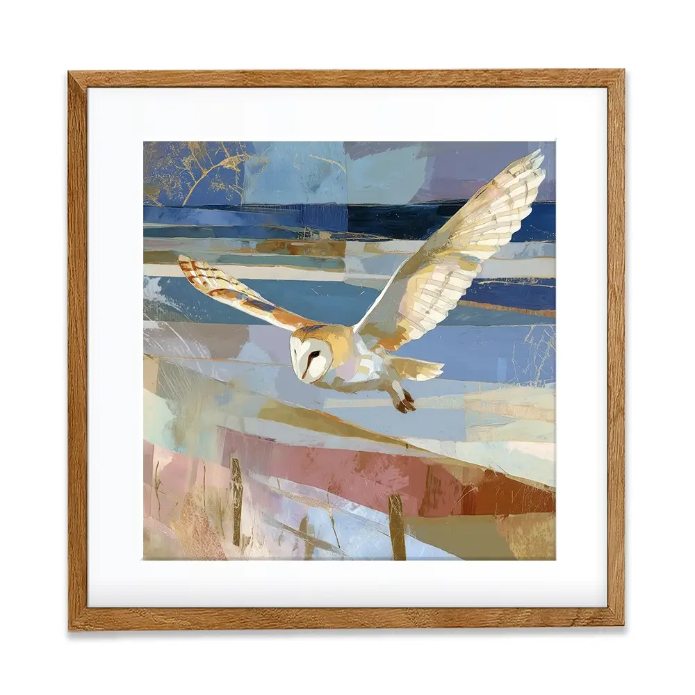 Barn Owl Gliding Over Countryside Square Framed Art Print