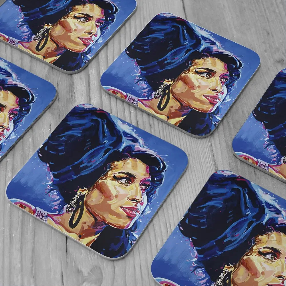 Amy Winehouse In This Blue Shade Coaster Set Amy Winehouse In This Blue Shade Coaster Set wall art product Juliet Stockton