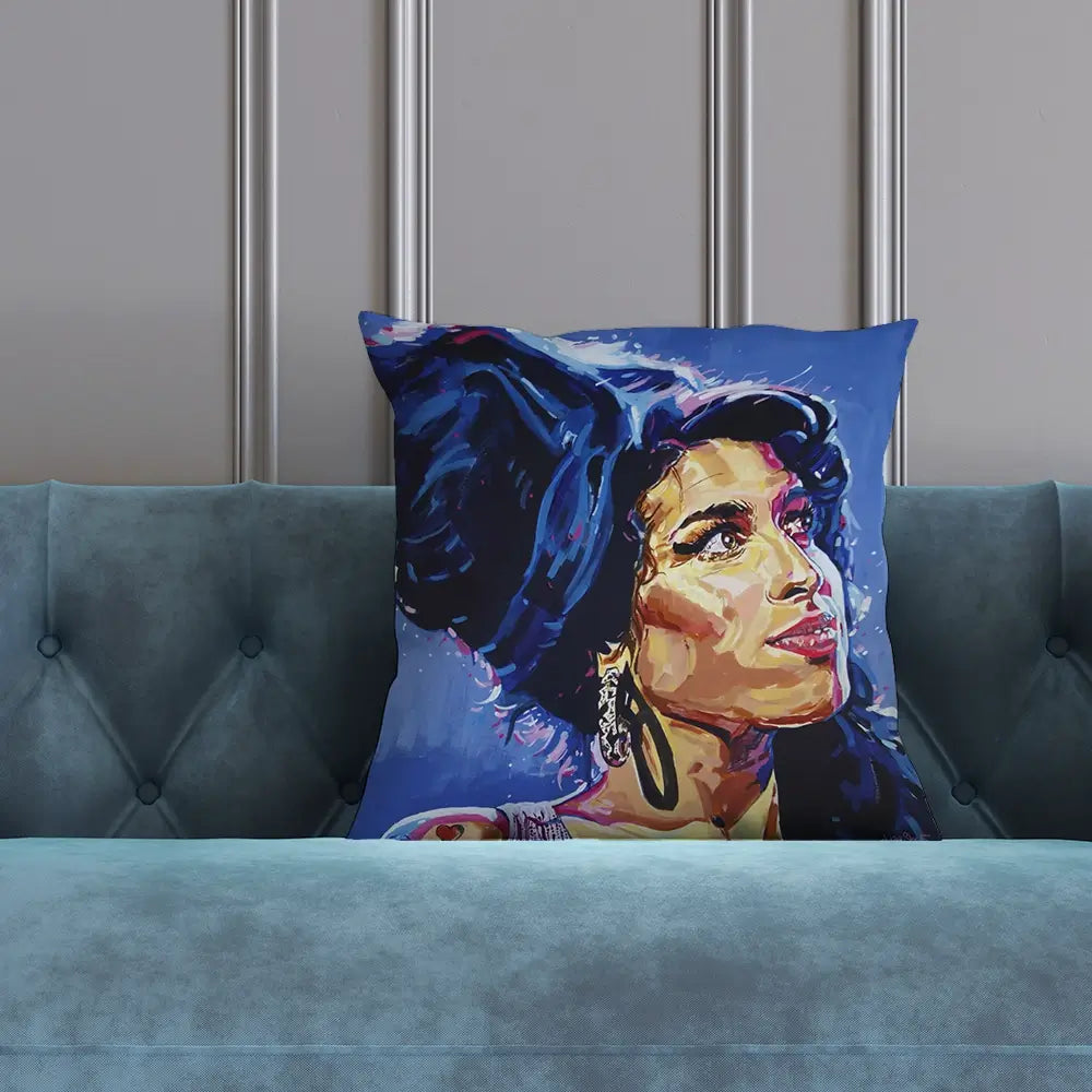 Amy Winehouse In This Blue Shade Cushion Amy Winehouse In This Blue Shade Cushion wall art product Juliet Stockton