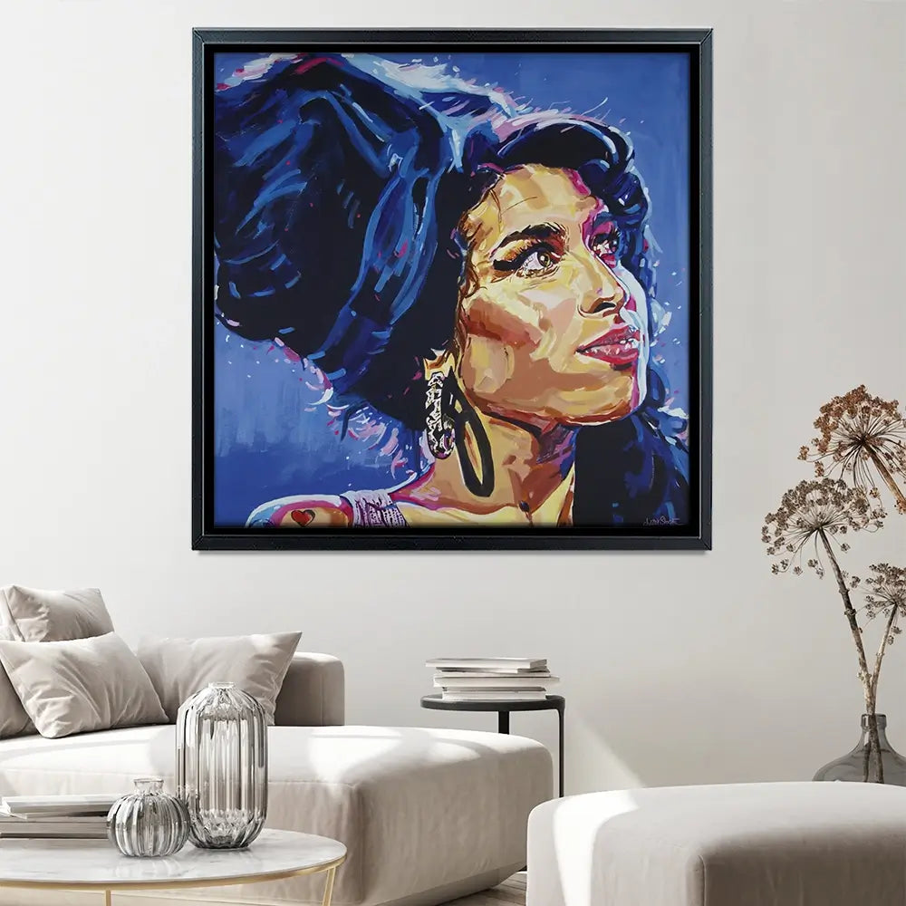Amy Winehouse In This Blue Shade Square Canvas Print Amy Winehouse In This Blue Shade Square Canvas Print wall art product Juliet Stockton