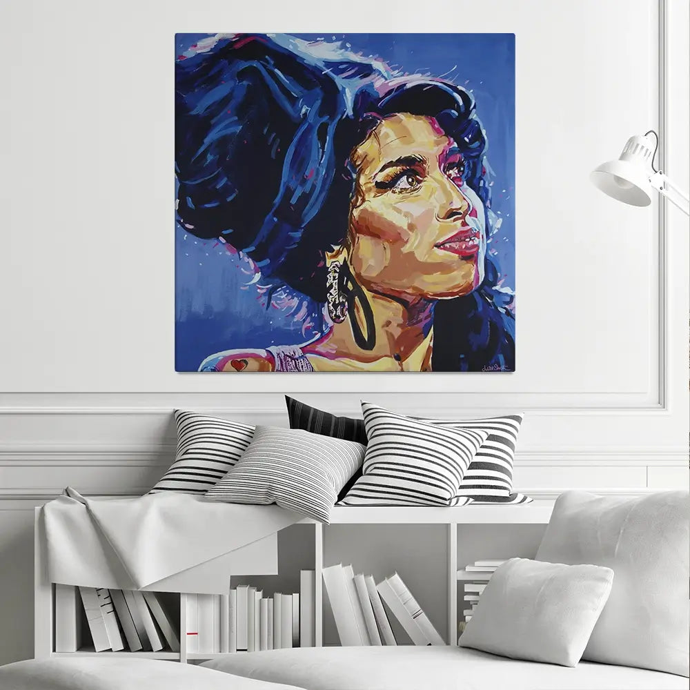 Amy Winehouse In This Blue Shade Square Canvas Print Amy Winehouse In This Blue Shade Square Canvas Print wall art product Juliet Stockton