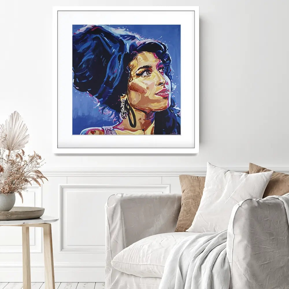 Amy Winehouse In This Blue Shade Square Framed Art Print Amy Winehouse In This Blue Shade Square Framed Art Print wall art product Juliet Stockton