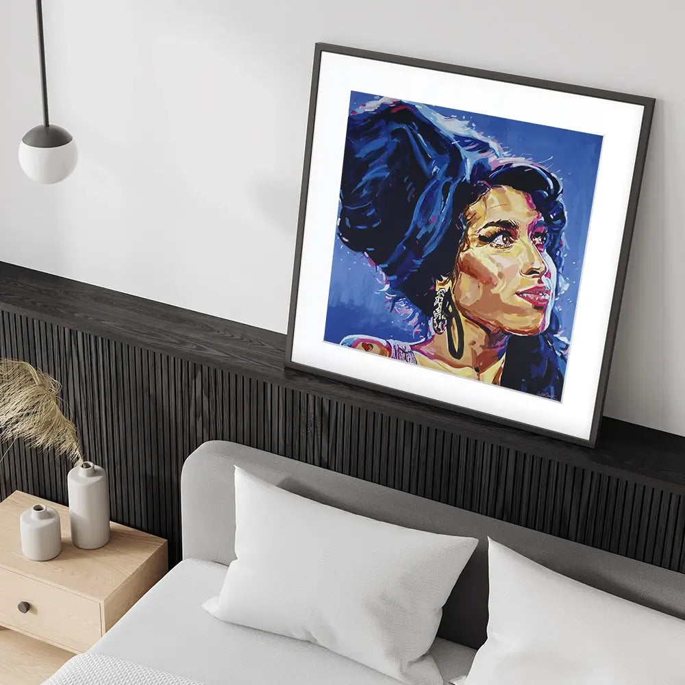 Amy Winehouse In This Blue Shade Square Framed Art Print Amy Winehouse In This Blue Shade Square Framed Art Print wall art product Juliet Stockton
