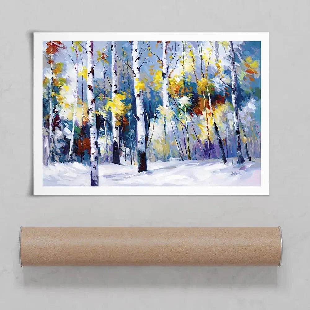 Autumn Birch Trees In Snowy Forest Art Print Autumn Birch Trees In Snowy Forest Art Print wall art product Leon Devenice