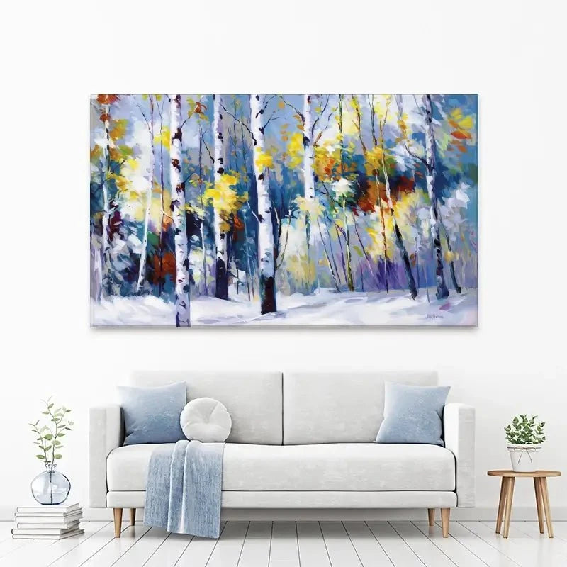 Autumn Birch Trees In Snowy Forest Canvas Print Autumn Birch Trees In Snowy Forest Canvas Print wall art product Leon Devenice