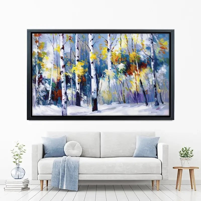Autumn Birch Trees In Snowy Forest Canvas Print Autumn Birch Trees In Snowy Forest Canvas Print wall art product Leon Devenice