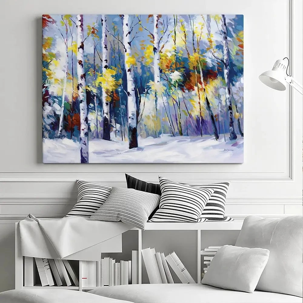 Autumn Birch Trees In Snowy Forest Canvas Print Autumn Birch Trees In Snowy Forest Canvas Print wall art product Leon Devenice