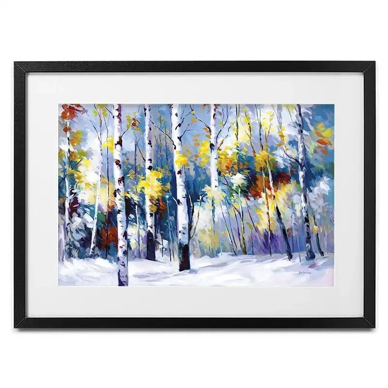 Autumn Birch Trees In Snowy Forest Framed Art Print Autumn Birch Trees In Snowy Forest Framed Art Print wall art product Leon Devenice