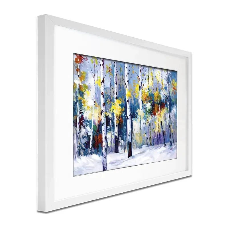 Autumn Birch Trees In Snowy Forest Framed Art Print Autumn Birch Trees In Snowy Forest Framed Art Print wall art product Leon Devenice