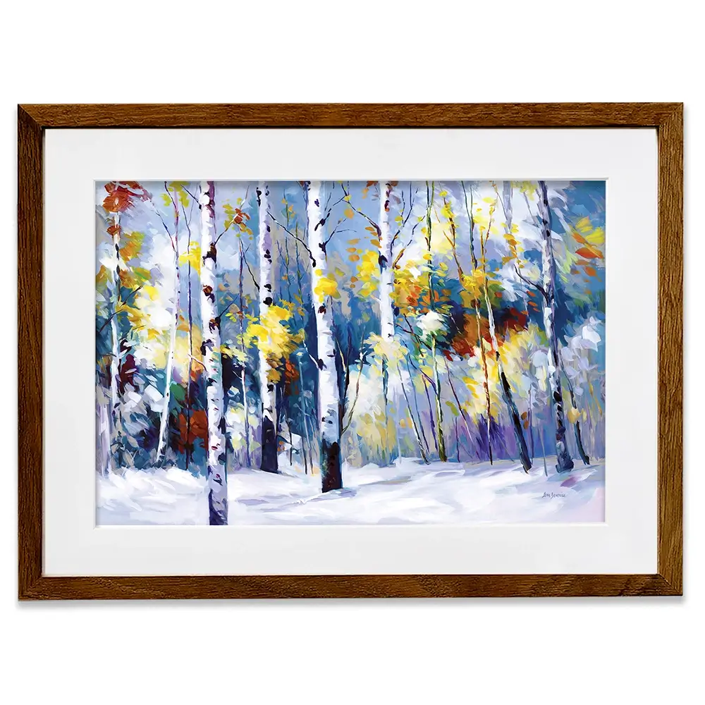 Autumn Birch Trees In Snowy Forest Framed Art Print Autumn Birch Trees In Snowy Forest Framed Art Print wall art product Leon Devenice