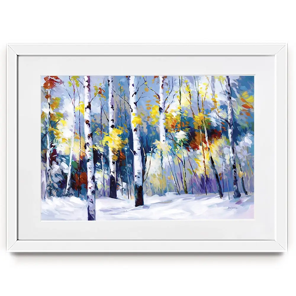 Autumn Birch Trees In Snowy Forest Framed Art Print Autumn Birch Trees In Snowy Forest Framed Art Print wall art product Leon Devenice