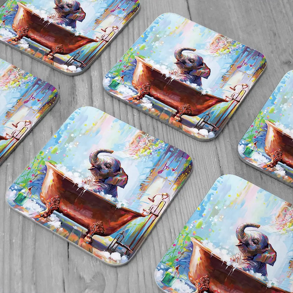 Baby Elephant In Bathtub Coaster Set Baby Elephant In Bathtub Coaster Set wall art product Leon Devenice