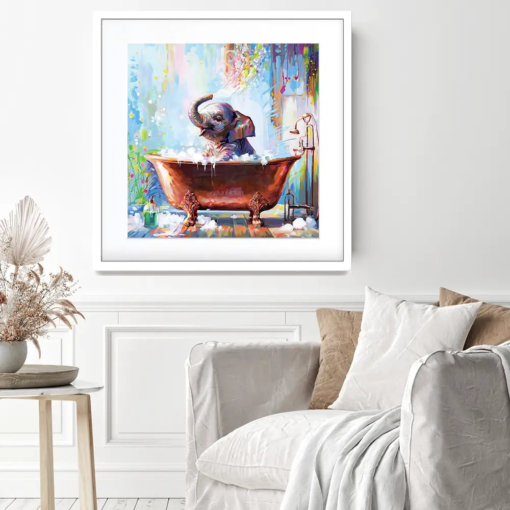 Baby Elephant In Bathtub Square Framed Art Print Baby Elephant In Bathtub Square Framed Art Print wall art product Leon Devenice