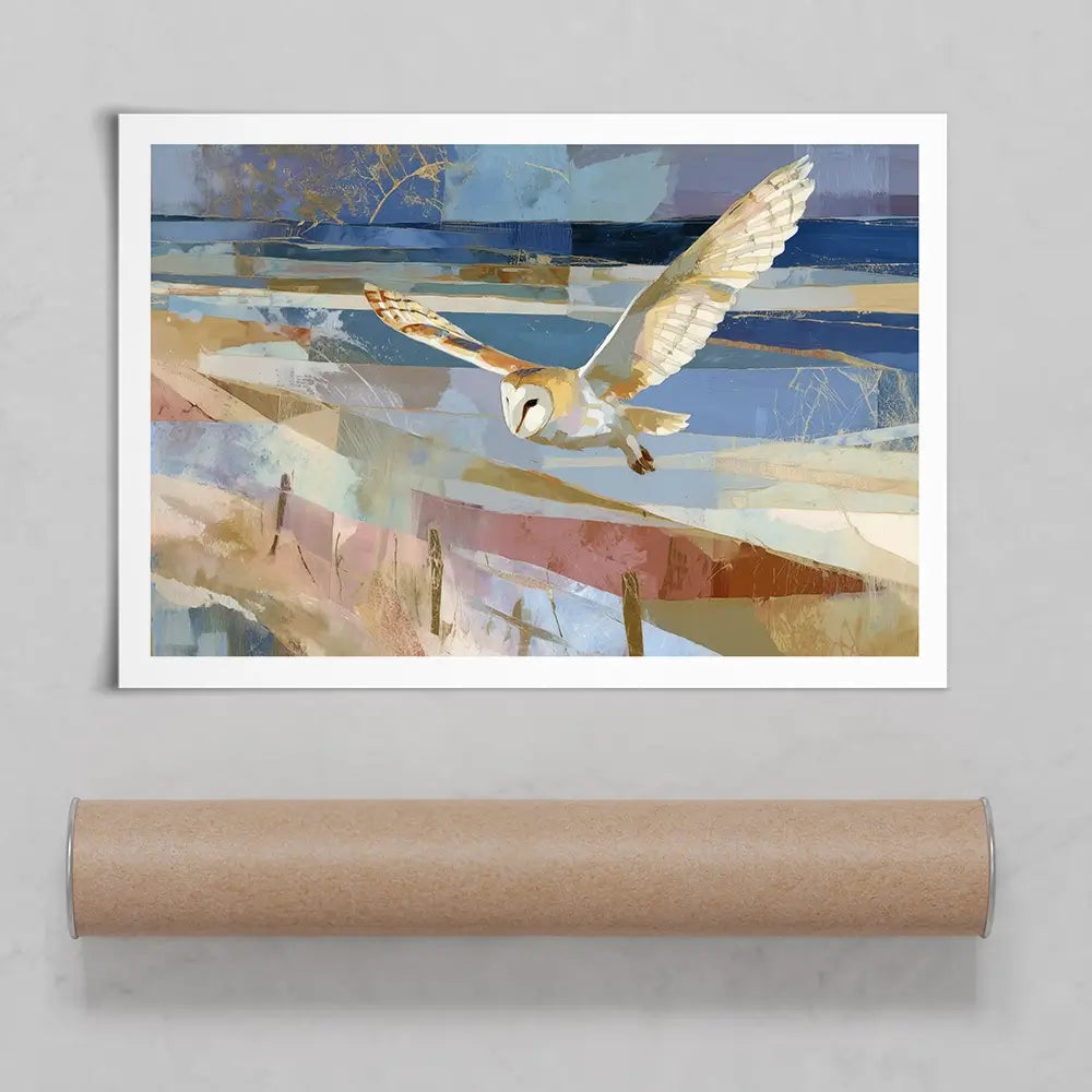 Barn Owl Gliding Over Countryside Art Print Barn Owl Gliding Over Countryside Art Print wall art product Chromatic Storm Studio