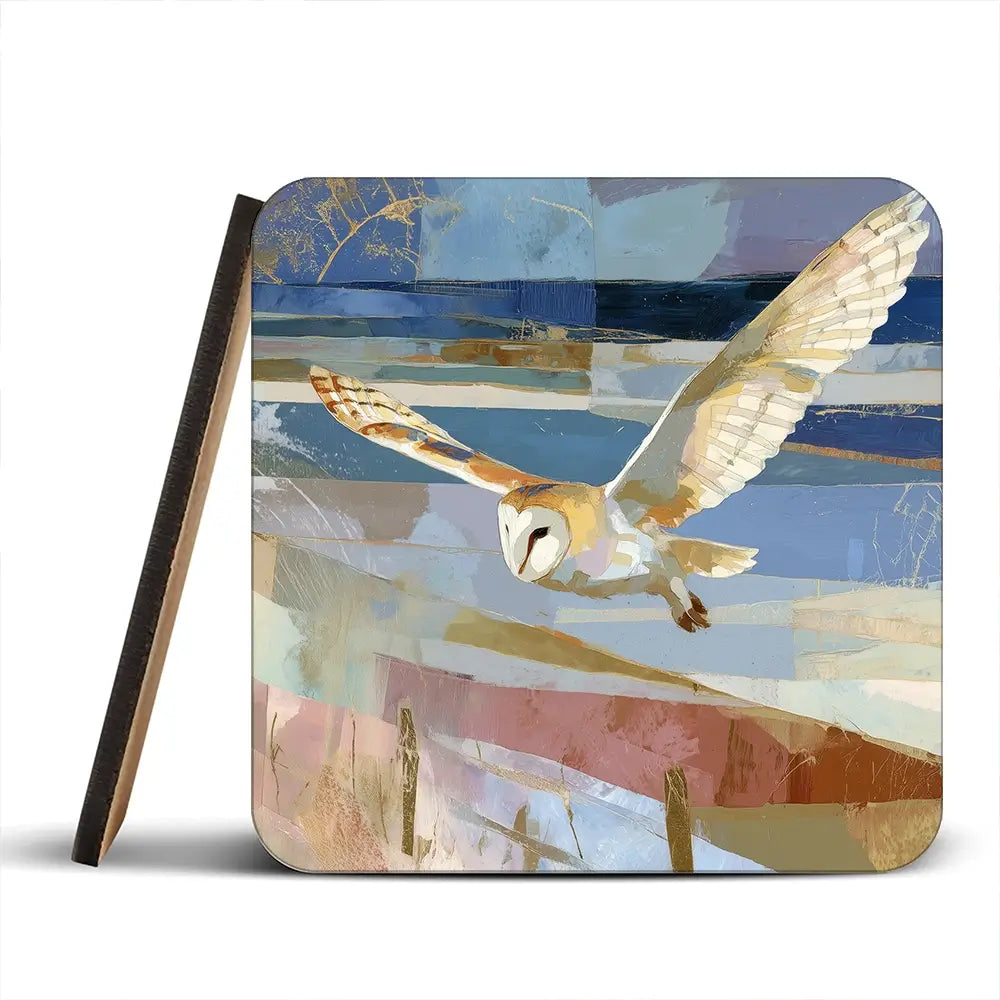 Barn Owl Gliding Over Countryside Coaster Set Barn Owl Gliding Over Countryside Coaster Set wall art product Chromatic Storm Studio
