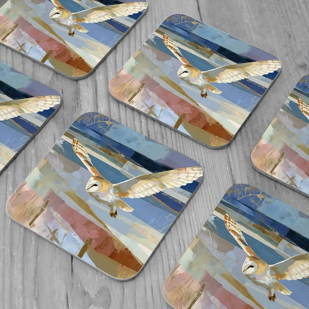 Barn Owl Gliding Over Countryside Coaster Set Barn Owl Gliding Over Countryside Coaster Set wall art product Chromatic Storm Studio