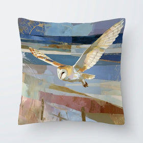 Barn Owl Gliding Over Countryside Cushion Barn Owl Gliding Over Countryside Cushion wall art product Chromatic Storm Studio