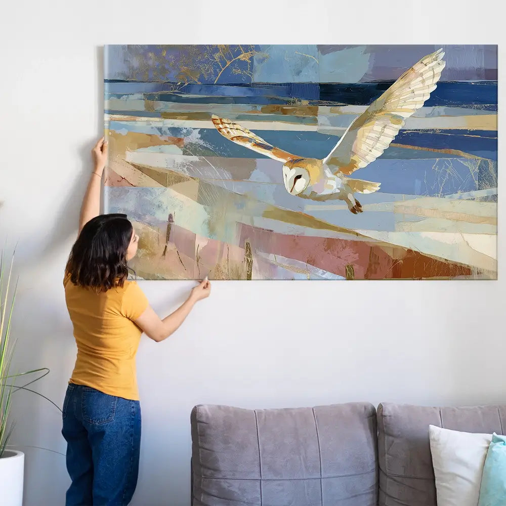 Barn Owl Gliding Over Countryside Oversized Canvas Print Barn Owl Gliding Over Countryside Oversized Canvas Print wall art product Chromatic Storm Studio
