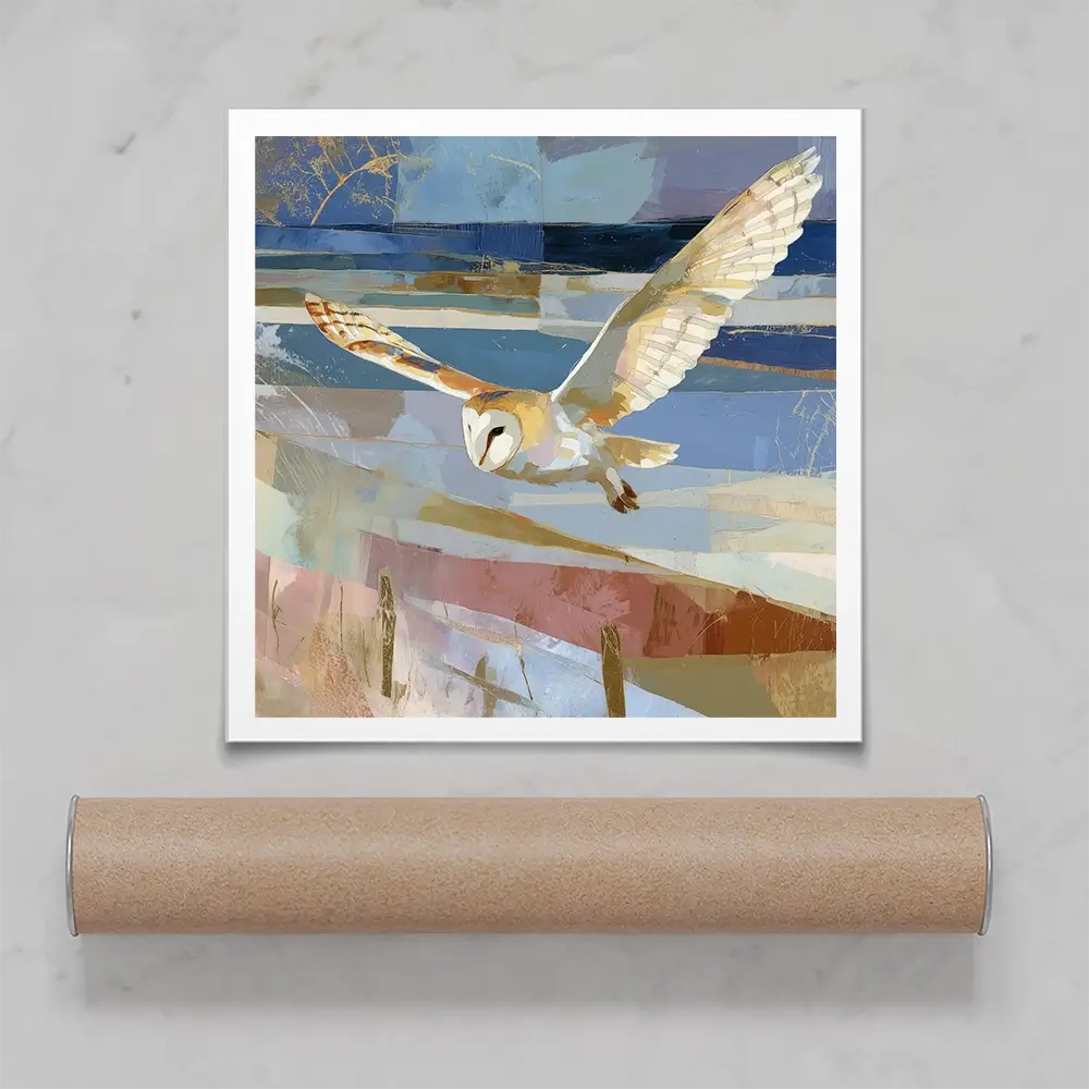Barn Owl Gliding Over Countryside Square Art Print Barn Owl Gliding Over Countryside Square Art Print wall art product Chromatic Storm Studio