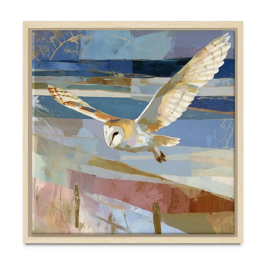 Barn Owl Gliding Over Countryside Square Canvas Print Barn Owl Gliding Over Countryside Square Canvas Print wall art product Chromatic Storm Studio