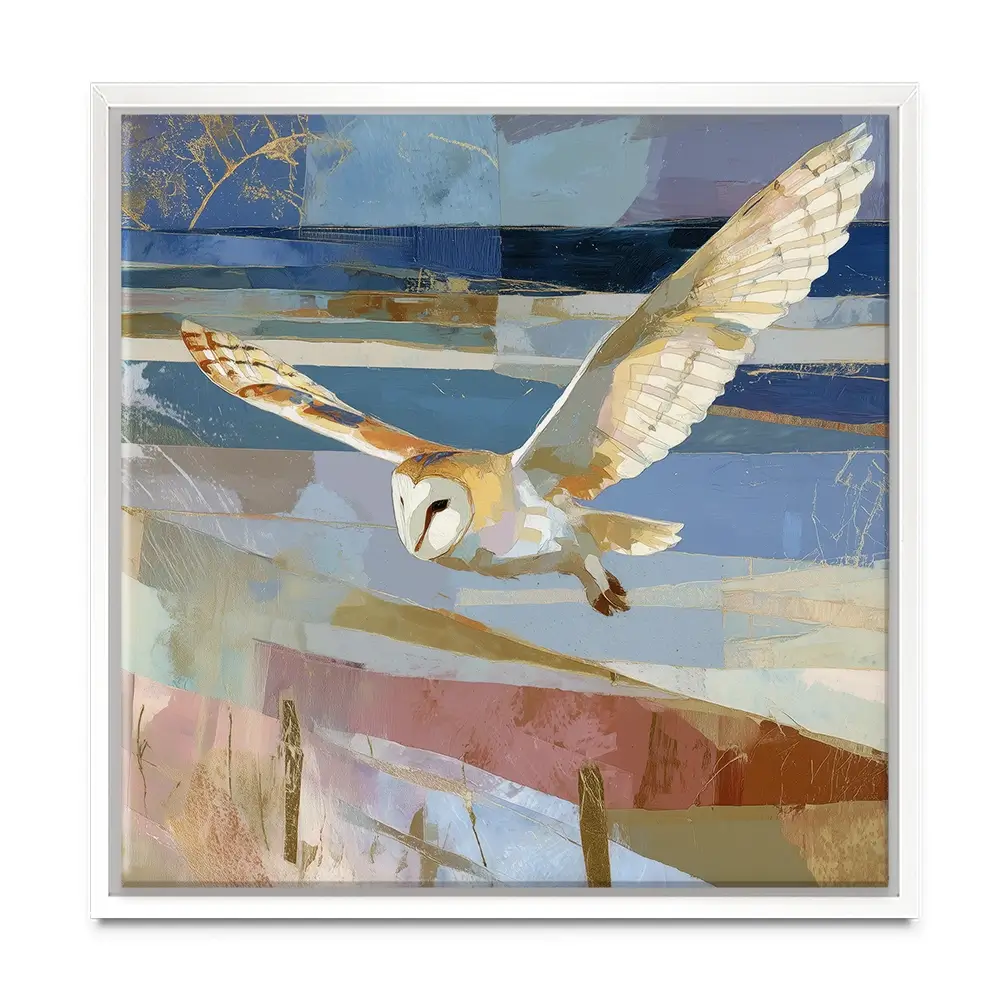 Barn Owl Gliding Over Countryside Square Canvas Print Barn Owl Gliding Over Countryside Square Canvas Print wall art product Chromatic Storm Studio