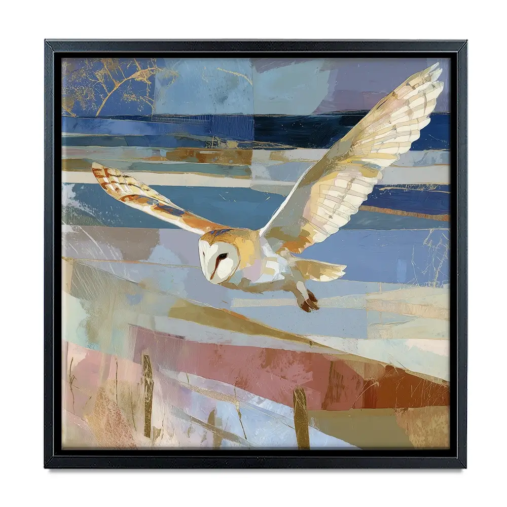 Barn Owl Gliding Over Countryside Square Canvas Print Barn Owl Gliding Over Countryside Square Canvas Print wall art product Chromatic Storm Studio