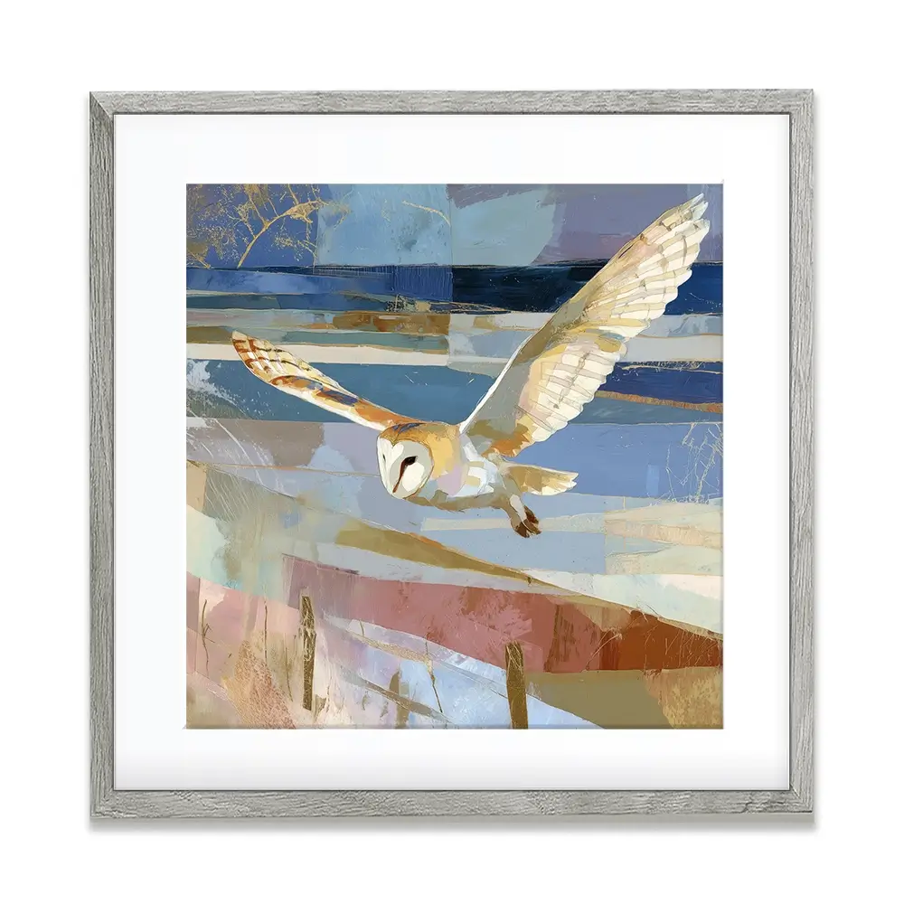 Barn Owl Gliding Over Countryside Square Framed Art Print Barn Owl Gliding Over Countryside Square Framed Art Print wall art product Chromatic Storm Studio