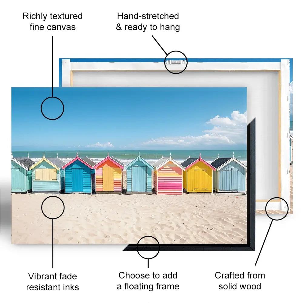 Beach Huts In A Row Canvas Print Beach Huts In A Row Canvas Print wall art product Art Print Shop