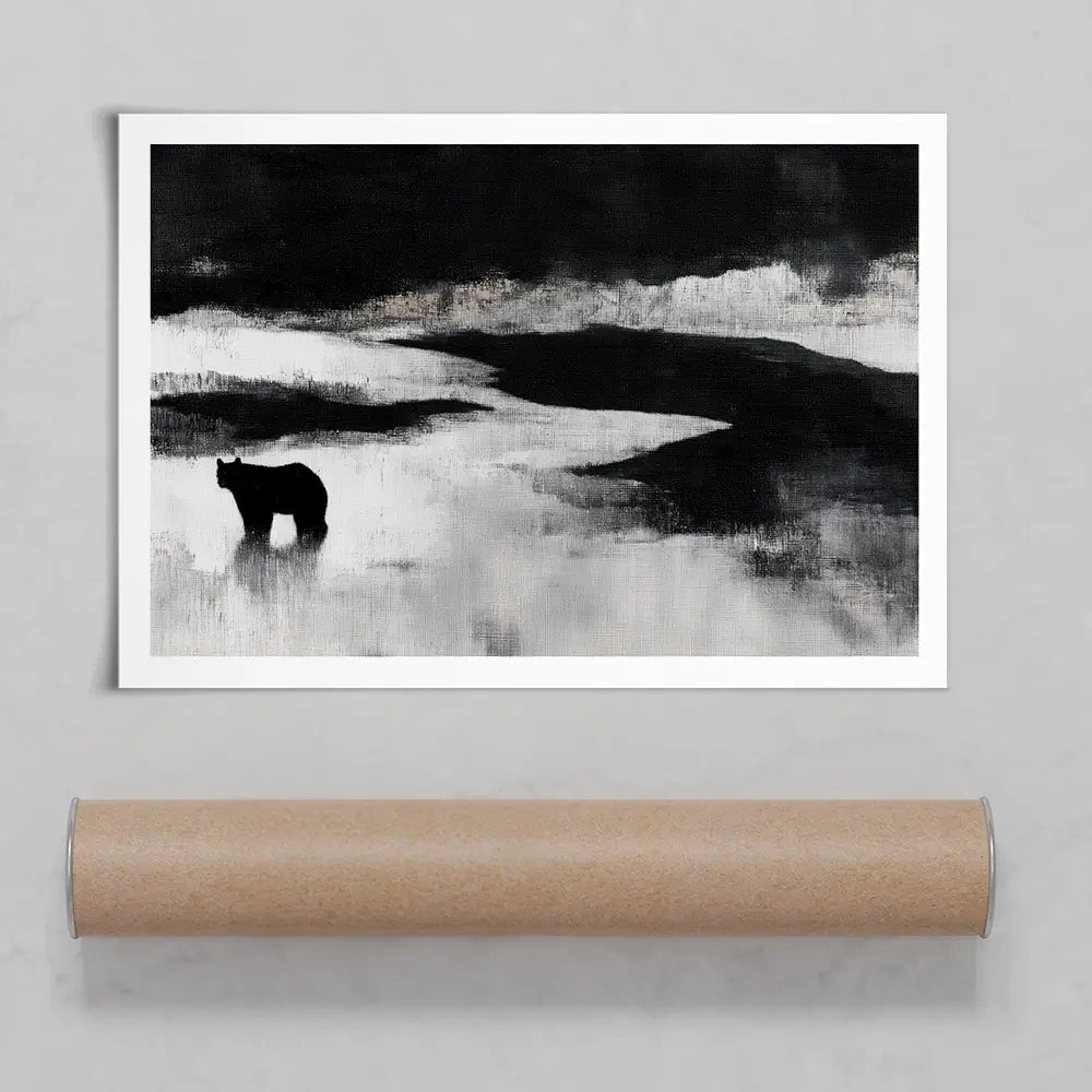 Bear By A River In Foggy Landscape Art Print Bear By A River In Foggy Landscape Art Print wall art product Chromatic Storm Studio